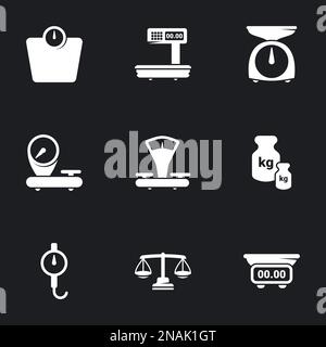 Symbole für Themenwaagen, Gewichte, Gewichte, Waagen. Schwarzer Hintergrund Stock Vektor