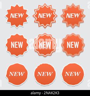Neuer Aufklebersatz. Vector Sale Banner für Web Store. Produktaufkleber mit Angebot. Werbeecke mit lokalem Element. Farbspritzetikett, Tag, Abzeichen, ic Stock Vektor