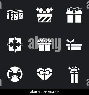 Symbole für Themengeschenk, Vektor, Symbol, Satz. Schwarzer Hintergrund Stock Vektor