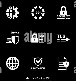 Symbole für Themenschutz, Internetsicherheit, Vorsicht, Vektor, Symbol, Fertig. Schwarzer Hintergrund Stock Vektor