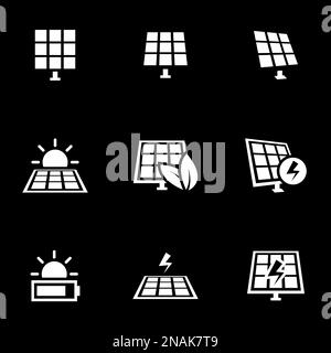 Symbole für Themen Sonnenkollektoren, Vektor, Symbol, Satz. Schwarzer Hintergrund Stock Vektor