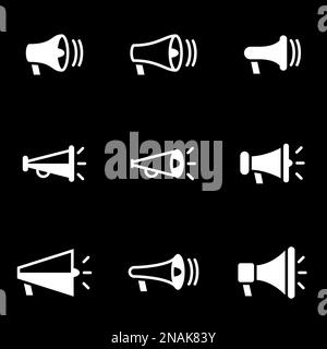 Symbole für Megafon, Vektor, Symbol, Satz des Themas. Schwarzer Hintergrund Stock Vektor