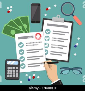 Krankenversicherungsformular Konzept Vektordarstellung.die Hand füllt die Form der Krankenversicherung aus. Flache Grafikelemente. Medizinische Ausrüstung, Geld Stock Vektor