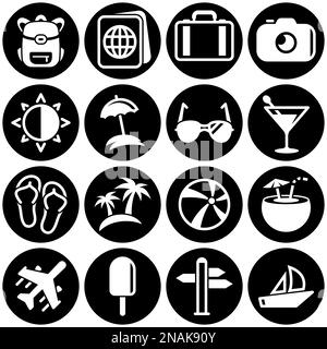 Set von einfachen Symbolen auf ein Thema Reisen, Sommer, Hitze, Eis, Hausschuhe, Unterhaltung, Strand, Vektor, Design, Wohnung, Zeichen, Symbol, Objekt, illustrati Stock Vektor