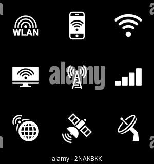 Symbole für das Thema „Drahtlosnetzwerk“, „Vektor“, „Symbol“, „Set“. Schwarzer Hintergrund Stock Vektor