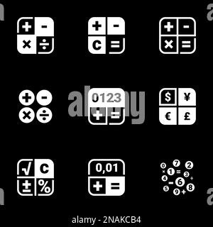 Symbole für Themenrechner, Zählen, Mathematik, Vektor, Symbol, Fertig. Schwarzer Hintergrund Stock Vektor