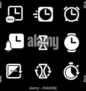 Symbole für das Thema Uhr, Zeit, Timer, Wecker, Vektor, Symbol, Set. Schwarzer Hintergrund Stock Vektor