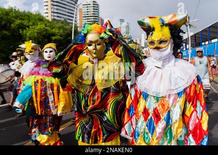 Salvador, Bahia, Brasilien - 11. Februar 2023: Während der vor dem Karneval stattfindenden Fuzue-Parade in der Stadt Salvador, Bahia, werden maskierte Menschen gesehen. Stockfoto