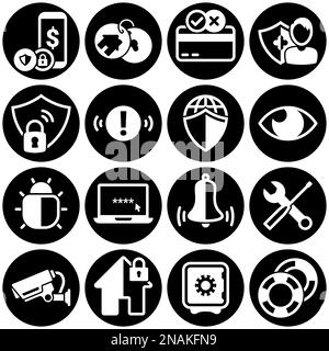 Satz von einfachen Symbolen auf einem Thema Sicherheit, Kreditkarte, Versicherung, Internet, Überwachung, Haus, Benachrichtigung, Vektor, Wohnung, Zeichen, Web, Symbol, Objekt. Stock Vektor