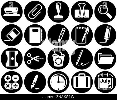 Satz einfacher Symbole auf einem Thema Schreibwaren, Büro, Vektor, Design, flach, zeichen, Symbol, Element, Objekt, Illustration. Weißer Hintergrund Stock Vektor