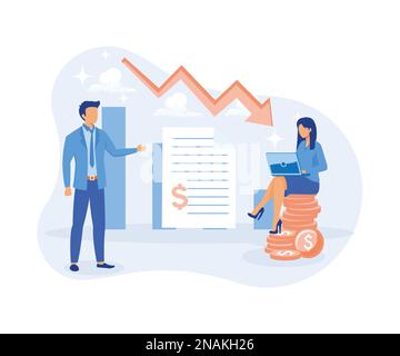 Illustration von Finanzen und Investitionen. Geschäftsfiguren, die Anleihen oder Aktien am Kapitalmarkt kaufen. Finanz- und Aktienhandelskonzept. Flacher Vektor Stock Vektor