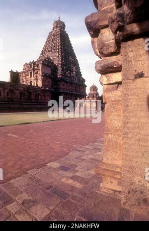 Sri Brihadishvara oder großer Tempel mit eingravierter Säule in Thanjavur, Tamil Nadu, Indien, Asien Stockfoto