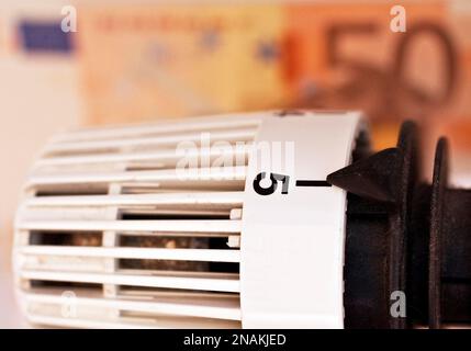 Thermostat vor Euro-Schein, symbolisches Bild für Heizkosten, Deutschland Stockfoto