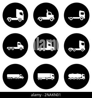 Satz von weißen Symbolen, isoliert vor schwarzem Hintergrund, auf einem Thema Lkw, Seitenansicht Stock Vektor