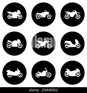 Satz von weißen Symbolen, isoliert vor schwarzem Hintergrund, auf einem Motto Motorrad Stock Vektor