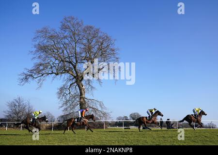 Läufer und Fahrer der LWC Signature Stakes Conditional Jockeys Handicap Hürde auf der Plumpton Racecourse, East Sussex. Foto: Montag, 13. Februar 2023. Stockfoto