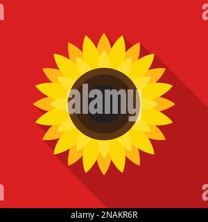 Sonnenblumensymbol im flachen Stil mit langem Schatten auf rotem Hintergrund. Vektordarstellung. Stock Vektor