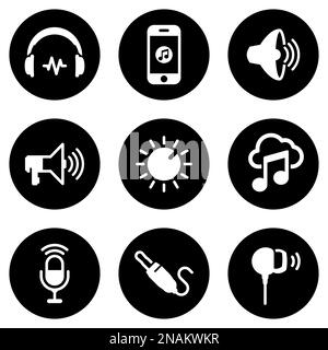 Satz von weißen Symbolen, isoliert vor schwarzem Hintergrund, auf einem Thema Musik Stock Vektor