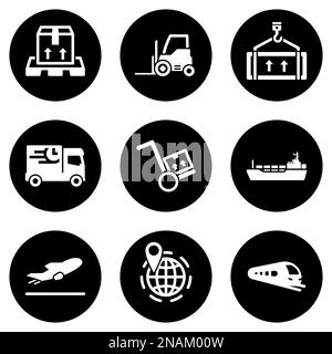Satz von weißen Symbolen, isoliert vor schwarzem Hintergrund, zu einem Thema Logistik und Versand Stock Vektor