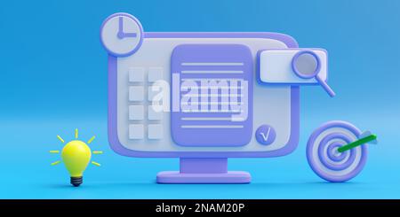 Dokument validieren, Computerfenster mit Uhrcode, Suche, Cartoon-Minimalsymbole auf blauem Hintergrund isoliert, 3D-Rendering Stockfoto