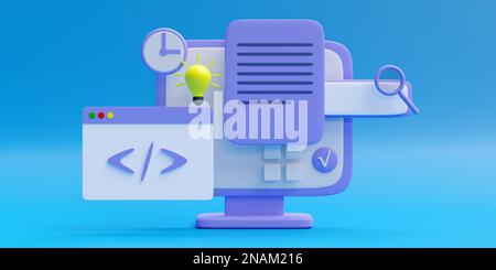 Dokument validieren, Computerfenster mit Uhrcode, Suche, Cartoon-Minimalsymbole auf blauem Hintergrund isoliert, 3D-Rendering Stockfoto
