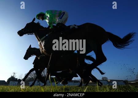 Läufer und Reiter bei der Ellis Wines 201 Year Stakes Handicap Chase auf der Plumpton Racecourse, East Sussex. Foto: Montag, 13. Februar 2023. Stockfoto