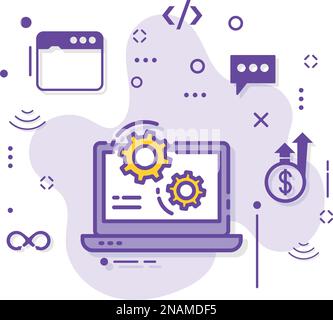 Abbildung des Bestands an Computerhardware, Ausrüstung mit Bildschirmschild, Konzept zur Anpassung und Konfiguration von Laptops, Host Management Vector Icon Design, Cloud Stock Vektor