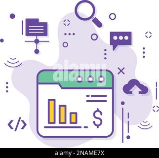 Internet Browser Dollar with Stats Konzept Stock Illustration, Web Finance Dashboard Vector Icon Design, Cloud Computing und Internet Hosting Services Stock Vektor