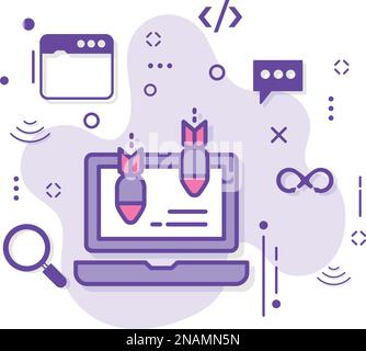 Machines Hacking-Versuch – Bestandsdarstellung, Vektordesign für verteilte DoS-Angriffe in Farbe, Symbol für Cloud-Computing und Webhosting-Dienste Stock Vektor