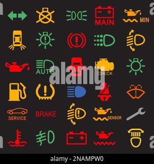 Satz von Symbolen auf dem Armaturenbrett des Fahrzeugs auf schwarzem Hintergrund Stock Vektor