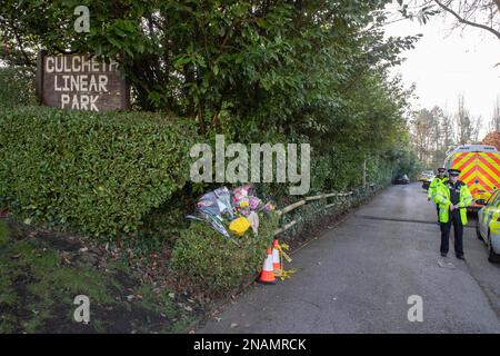 Blumengewächse an der Szene im Culcheth Linear Park in Warrington, Cheshire nach dem Tod von Brianna Ghey, 16, die von Mitgliedern der Öffentlichkeit gefunden wurde, als sie am Samstag verwundet auf einem Pfad im Park lag. Ein Junge und ein Mädchen, beide 15 Jahre alt, wurden verhaftet, wegen Mordverdachts nach der tödlichen Stichverletzung. Foto: Montag, 13. Februar 2023. Stockfoto