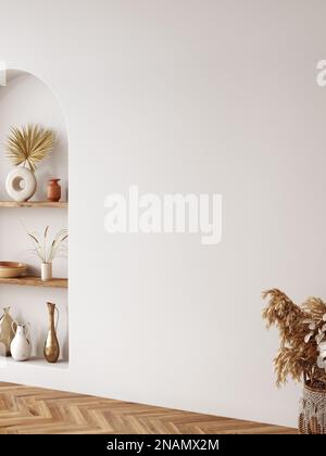 Innenraumgestaltung und Wandmodell in beigefarbenem Boho-Stil. Gerade und Winkelansicht Stockfoto