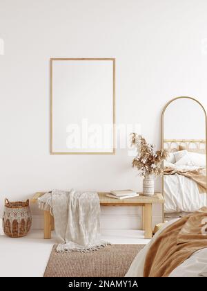 Abgewinkelter Rahmen, abgewinkelter Innenraum und Postermodell im Boho-Stil. Inneres 3D-Rendering. Stockfoto