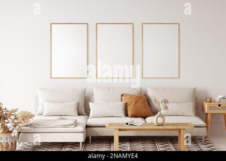 Abgewinkelter Rahmen, abgewinkelter Innenraum und Postermodell im Boho-Stil. Inneres 3D-Rendering. Stockfoto