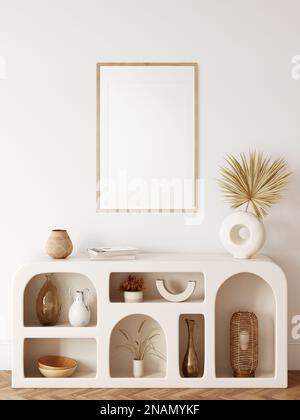 Abgewinkelter Rahmen, abgewinkelter Innenraum und Postermodell im Boho-Stil. Inneres 3D-Rendering. Stockfoto