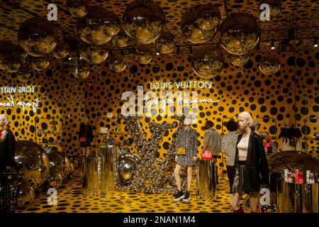 The Louis Vuitton store in the Meatpacking District in New York on  Saturday, April 8, 2023 with a display on the awning by Yayoi Kusama  announcing their collaboration with the brand. (©