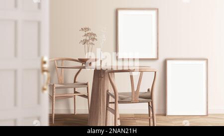 Einrichtung der Innenraumszene, 3-Modelle in Schwarz und Holz. Die skandinavische Innenlandschaft, Türunschärfe, Olivenzweig, Schrank und Vase-Deko Stockfoto