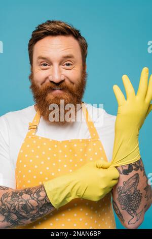 Ein fröhlicher bärtiger Mann in einer Schürze mit gelben Gummihandschuhen, der auf die Kamera blickt, isoliert auf einem blauen Stockbild Stockfoto