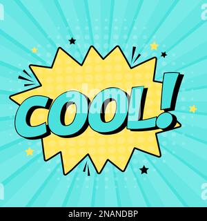 Comic-Sprechblase mit Ausdruckstext cool. Leuchtende dynamische Cartoon-Illustrationen im Retro-Pop-Art-Stil, isoliert auf blauem Hintergrund. Vektor b Stock Vektor