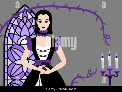 Grußkarte im gotischen Stil. Mädchen in dunklem Kleid. Illustration oder Hintergrund für Urlaub und Party. Stock Vektor