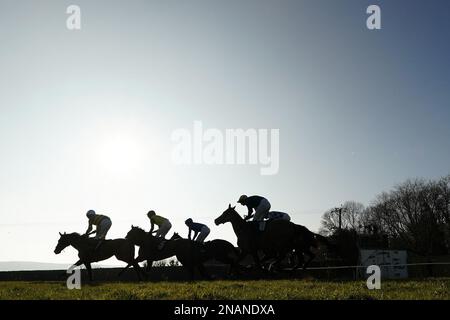 Läufer und Reiter in der Strong Flavours Catering Maiden Hürde auf der Plumpton Racecourse, East Sussex. Foto: Montag, 13. Februar 2023. Stockfoto