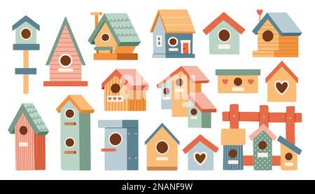 Vogelhäuser stellen die Vektordarstellung ein. Cartoon niedliche bunte Vogelhäuser Kollektion, Futter auf Gartenbaum Stock Vektor