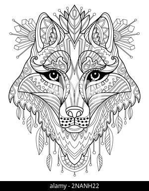 Stilisierter Wolfskopf aus der Nähe. Darstellung des handgezeichneten schwarzen Konturvektors der Skizze. Für Erwachsene Anti-Stress-Farbseite, Druck, Design, Dekor, T-Shirt Stock Vektor