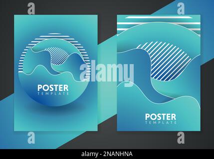 Abstrakte dynamische Gradientenelemente in modernem Stil. Blaue Poster mit fließenden flüssigen Formen, Amöbenformen. Stock Vektor