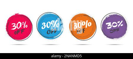 Satz Grunge Sticker mit 30 % Rabatt in flachem Design mit Halbton. Zum Verkauf, zur Werbung, zur Werbung Stock Vektor