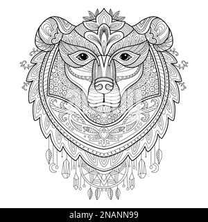 Stilisierter Bärenkopf aus nächster Nähe. Darstellung des handgezeichneten schwarzen Konturvektors der Skizze. Für Erwachsene Anti-Stress-Farbseite, Druck, Design, Dekor, T-Shirt Stock Vektor