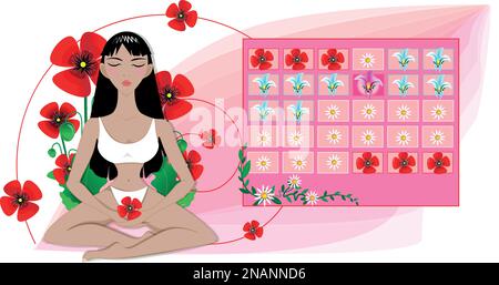 Ein Kalender mit Frauentagen. Eine Frau sitzt in der Meditation und hält eine gehitzte Mohnblume in der Hand. Stock Vektor