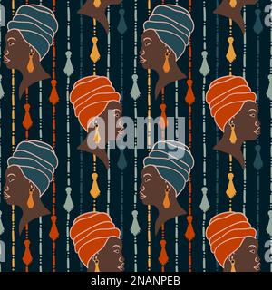 Handgezeichnetes, nahtloses Muster mit schwarzen afroamerikanischen Frauen mit ethnischen Quastenohrringen und Kopfummantelung. Blau-orangefarbene Modemädchen mit abstrakten Streifen auf dunklem Hintergrund, ethnisch schwarzes Leben Matter Design, stolze Chefin Stockfoto