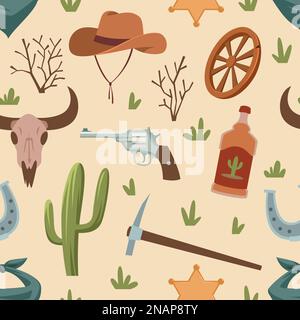 Westliches Nahtloses Muster. Wilde Westernelemente, wiederkehrende Cowboy-Symbole, Cartoon-Waffen, Hüte, Schädel, Kakteen und Sheriff Star. Textildekor Stock Vektor