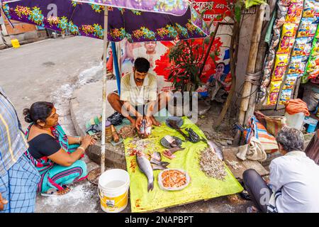 Lokale Straßenhalter schneiden, schneiden und bereiten Fisch für den Verkauf an einem Verkaufsstand in Fariapukur, Shyam Bazar, Kalkutta, Westbengalen, Indien Stockfoto